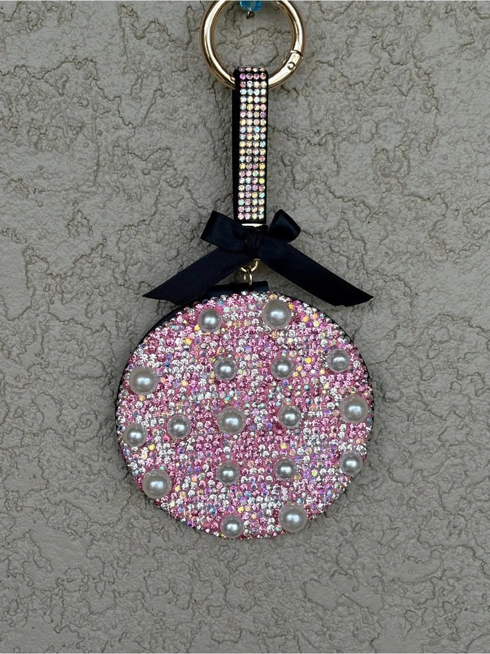 Bedazzled Pink Pearl & Crystal Round Keychain/Mirror